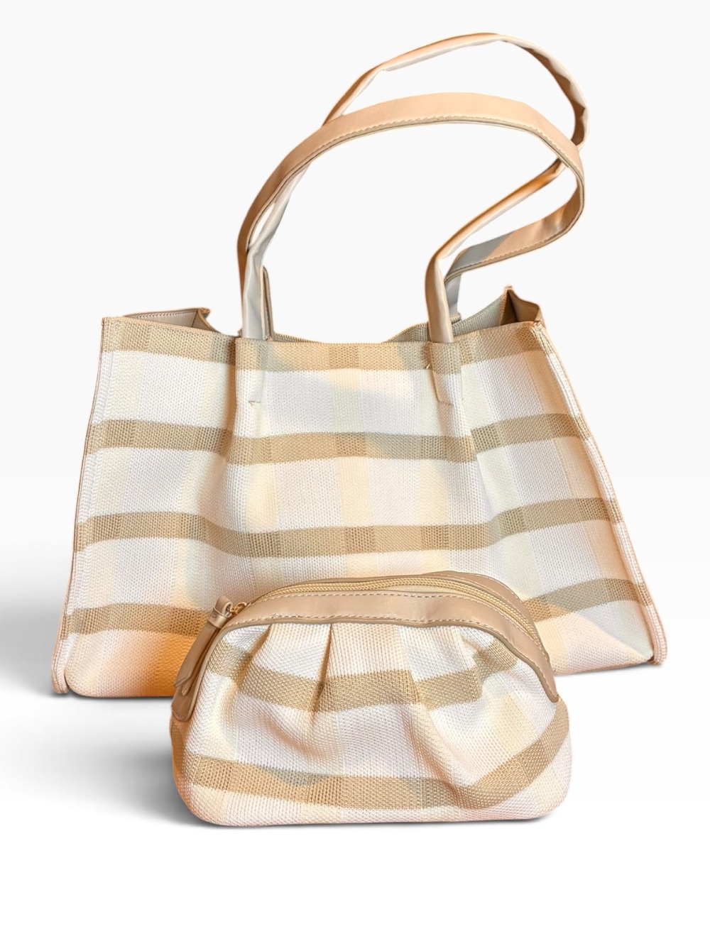 NEIMAN MARCUS Knit Tote Bag Shoulder & Cosmetic Bag in Ecru - Tan Ivory Cream